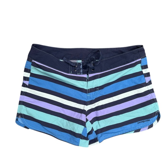 Patagonia Women’s Size 6 Striped Board Shorts Blue Purple Surf Swim Beach - Picture 2 of 11